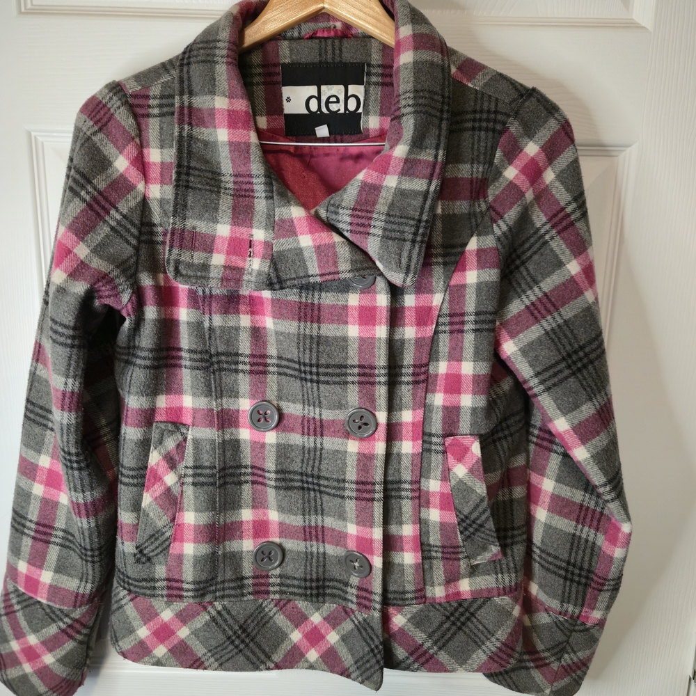 Deb Women's Pink and Gray Plaid Pea CoatDEB- M Juniors Gray & Pink Coatch.0215